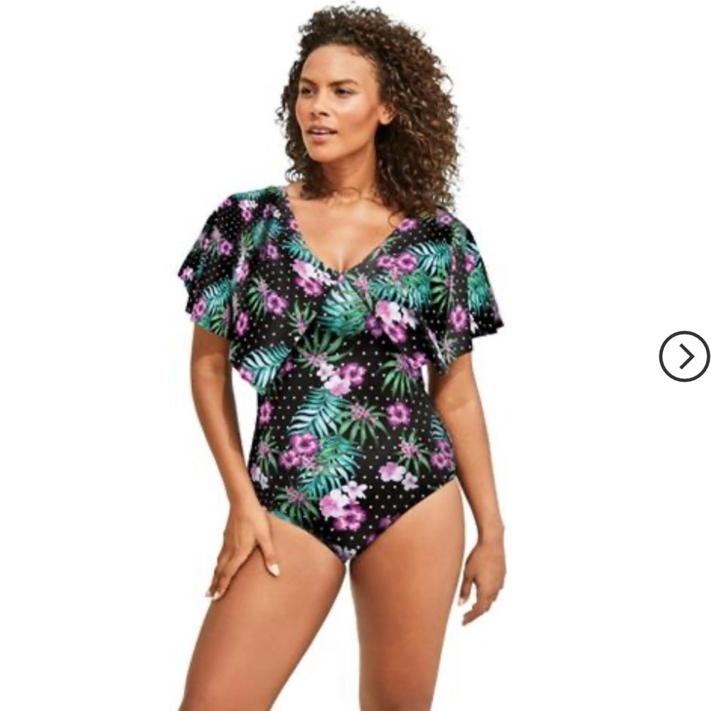 Womens 1 piece hibiscus dot plus sz flutter sleeve swimsuit tummy control 20/22